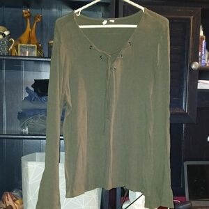 Cato Olive Lace-Up Long Sleeve Top